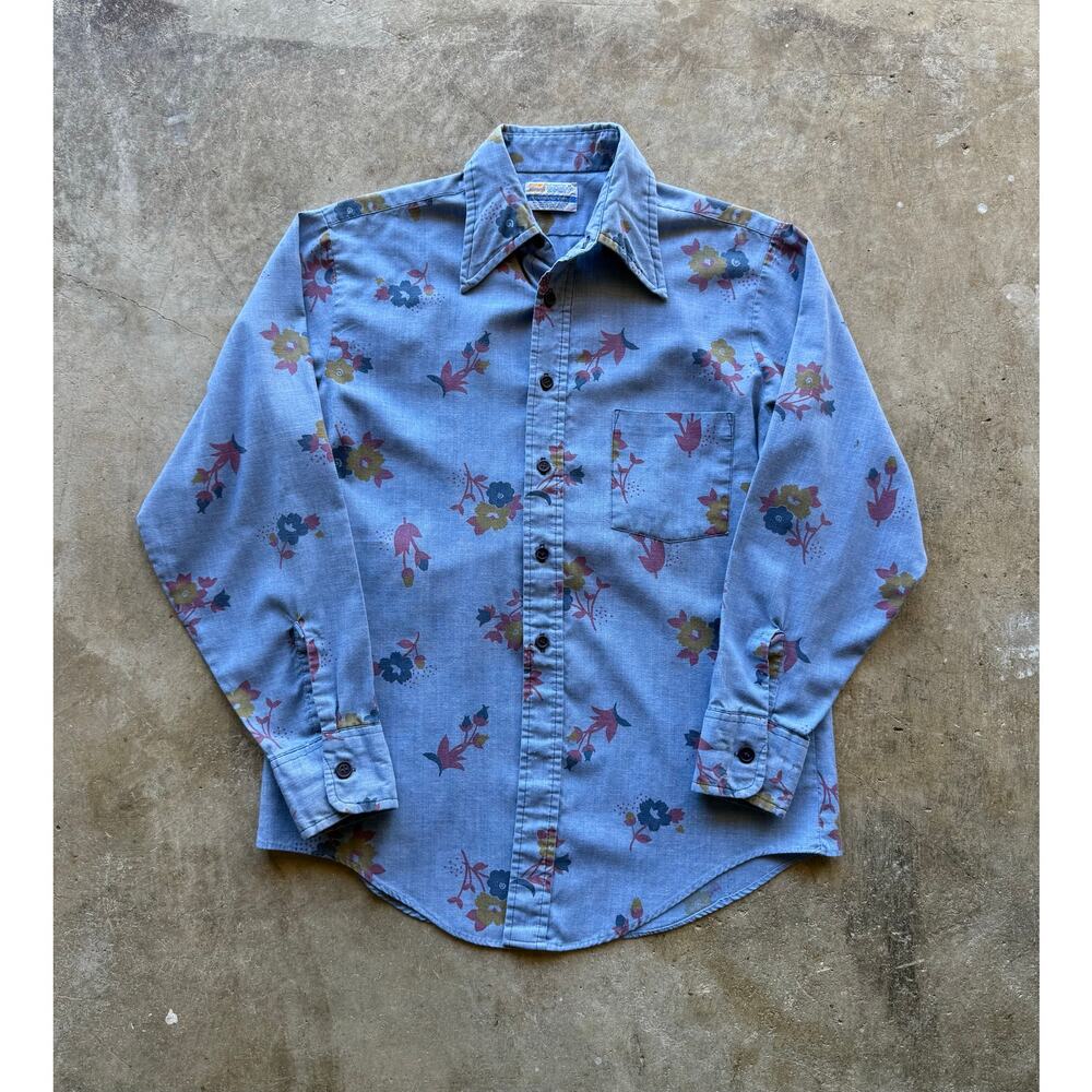 VTG 1970s Floral Print Chambray Longsleeve Shirt Size Mens Medium PermaPress